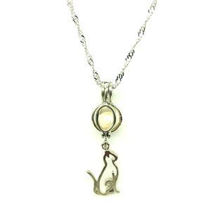 Women's Cute Silver Plated Genuine Pearl Bead Cat Cage Pendant Necklace w/chain